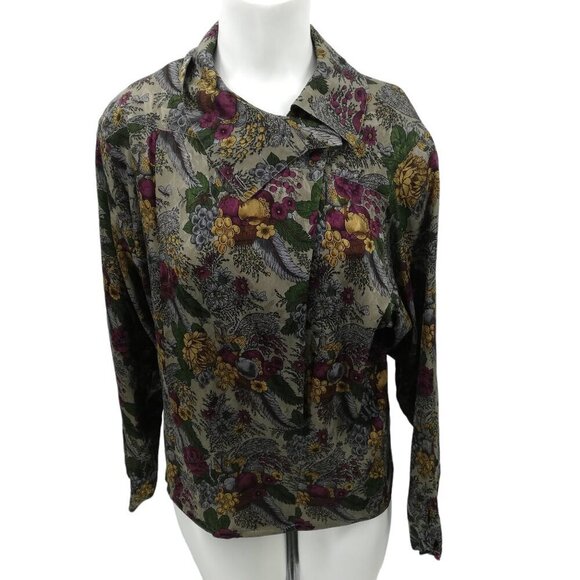 Vintage 100% Silk Dark Floral Asymmetrical Collar Blouse Size 8 Michii Moon - Picture 1 of 10